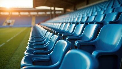 Obraz premium Blue Stadium Seats With Grass Field In Background