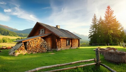 Obraz premium Photo a green landscape of the country house, the firewood