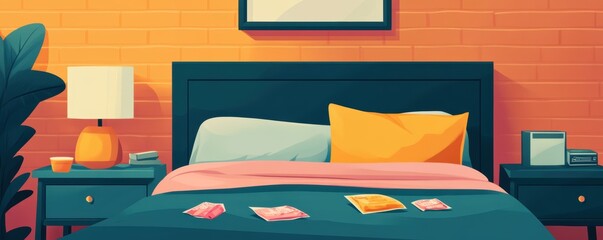 Cozy bedroom with vibrant orange walls, modern lamp, and neatly arranged bedding, creating a relaxing atmosphere.