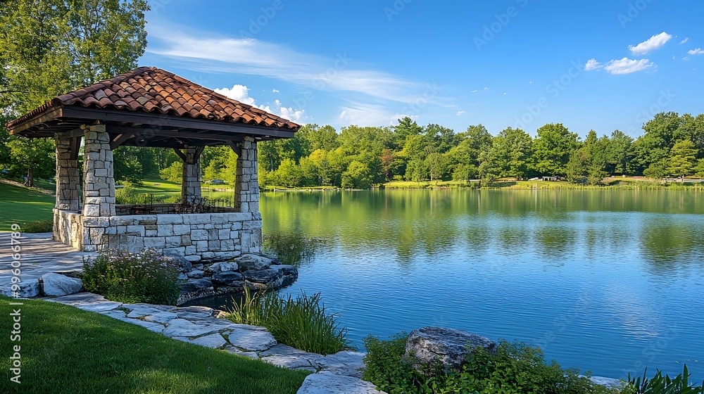 Wall mural lakeside scene with serene water reflections and a stone gazebo, set in a lush green landscape with 