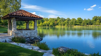 Fototapeta premium Lakeside scene with serene water reflections and a stone gazebo, set in a lush green landscape with clear blue sky, creating a tranquil outdoor setting and harmonious blend.