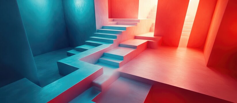 Ethereal 3D illustration of a surreal stairs maze ideal for depicting backrooms lucid dreams impossible structures or liminal spaces