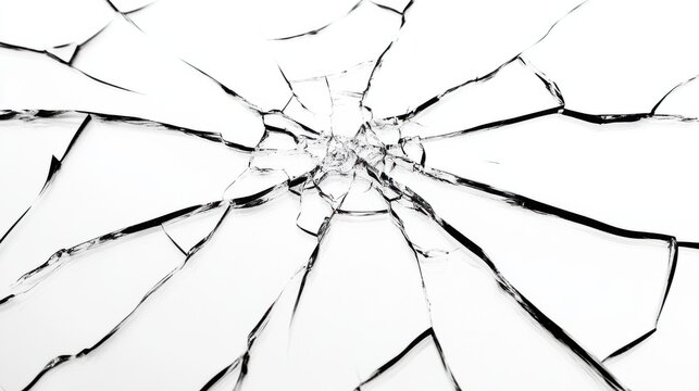 Cracked glass with deep fractures radiating from a central point, isolated on white