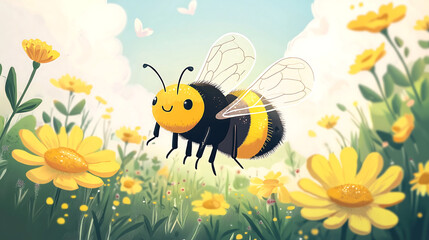 Cute cartoon style illustration of a happy bee flying in a meadow full of yellow flowers It s a bright and sunny day with a cheerful mood