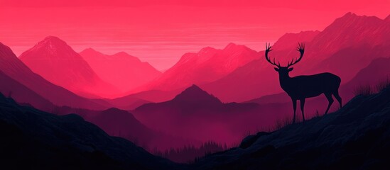 Fototapeta premium Surreal eerie landscape featuring mountains and the silhouette of a red deer with antlers
