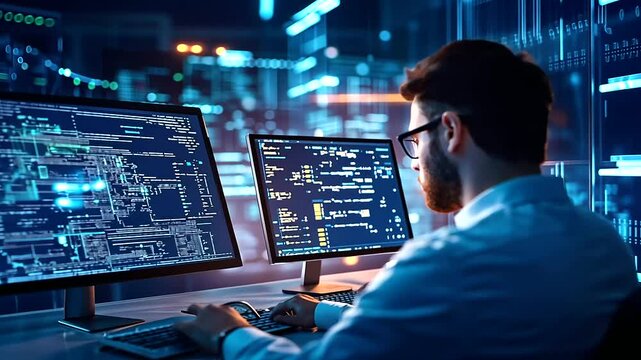 A team of software engineers programming an internet platform for open-source automation software. Their screens show complex code