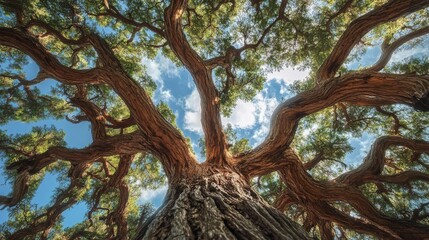 Obraz premium A low angle view of a large tree with its branches reaching up into a blue sky with white clouds.