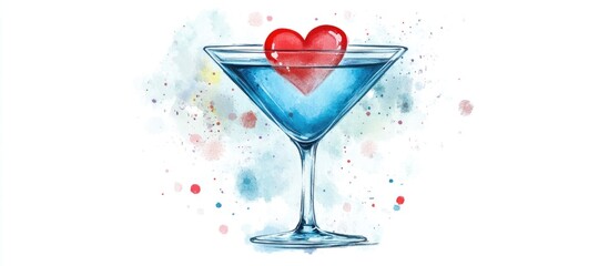 2d illustration of a blue martini glass featuring a red heart and dots Ideal for romantic art themes perfect for postcards banners prints or posters