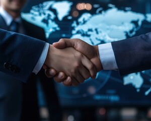 Two business professionals shake hands, symbolizing partnership and cooperation against a digital world map backdrop.
