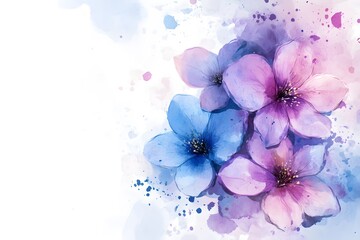 Abstract watercolor background with blue and purple flowers, illustration on a white background.