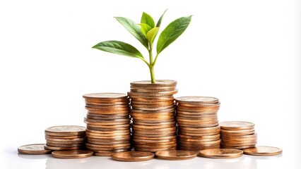 Small plant is growing from increasing stacks of coins on a white background