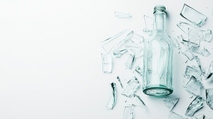Shards of broken glass bottle lying scattered on a white surface