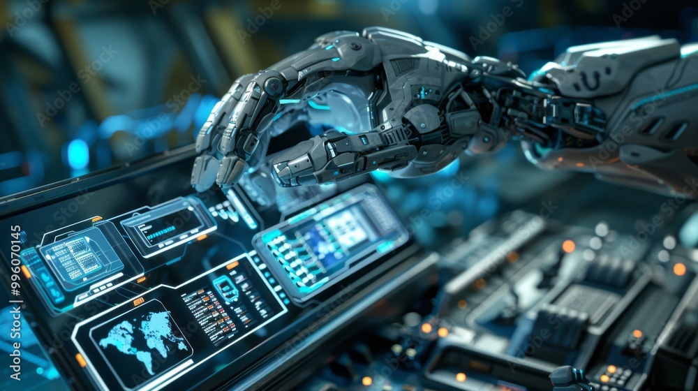 Poster A robot is using a computer to type on a keyboard