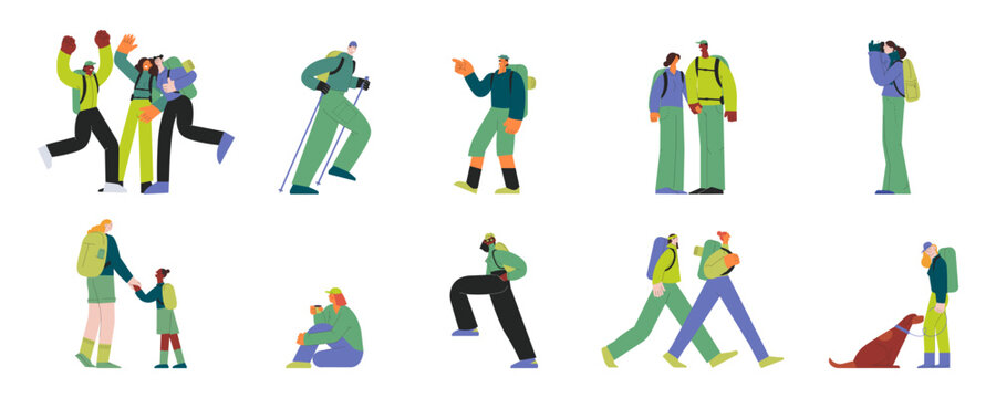 Hiking collection. Cheerful females and males hiking, perform different activities. Hiking outdoor adventure, active tourists, trekking and backpacking. Modern flat vector illustration.