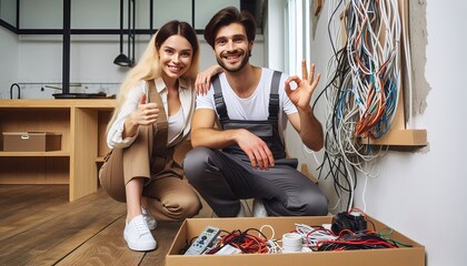 Happy Couple With Electrician Doing Home Renovation