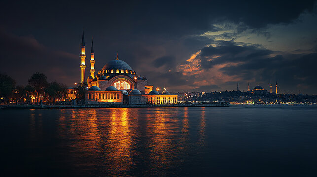 A beautiful mosque illuminated at night with the city skyline in the background.