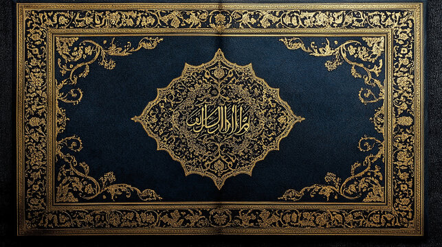 A blue and gold cover with intricate floral patterns, a central starburst and Arabic script, likely from a sacred text.