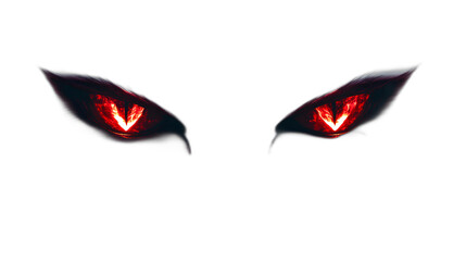 A pair of glowing red demon eyes staring directly forward isolated on a plain white background