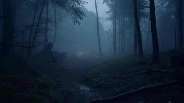 foggy and dark woods at night, mystery forest. Magical saturated foggy forest trees landscape. Generative AI