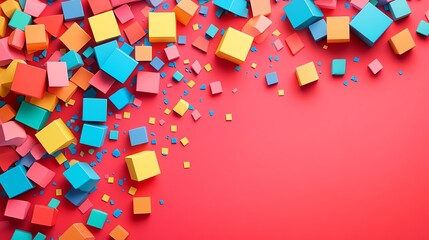 Colorful cubes and confetti on a red background.