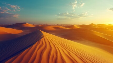 A breathtaking desert landscape with flowing golden sand cascading down a towering dune, glowing under the radiant golden hour sunlight. 