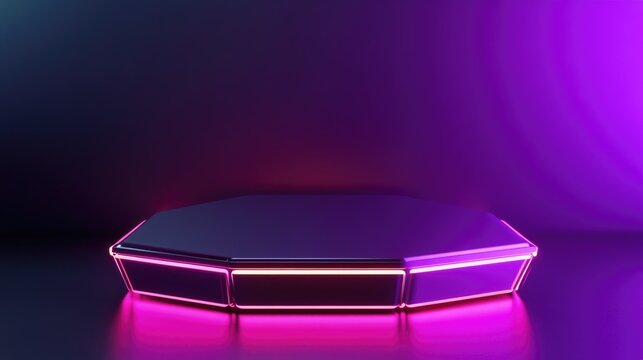 The space is a striking octagonal platform illuminated by vibrant neon lights, inviting creativity and imagination in an artistic setting