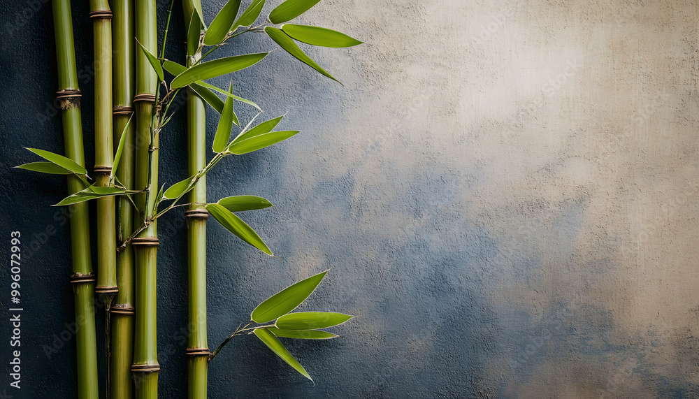 Wall mural bamboo stems and leaves on a textured background empty copy space
