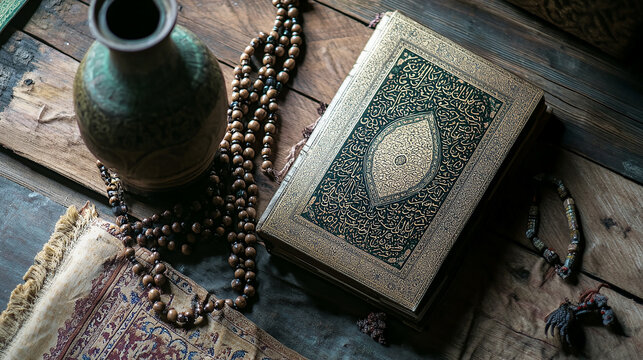 A closed Quran with prayer beads and a vase on a wooden table.