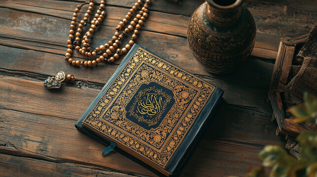 A closed Quran with prayer beads, a vase, and a small plant on a wooden table.