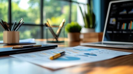 Papers filled with colorful charts lie on a wooden table, while a laptop displays data. Natural light from large windows illuminates the modern workspace