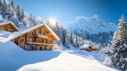 Bright winter landscape with sunlit snow-covered chalet and evergreen forest, creating a picturesque ski resort scene with rustic wooden architecture and winter wonderland.