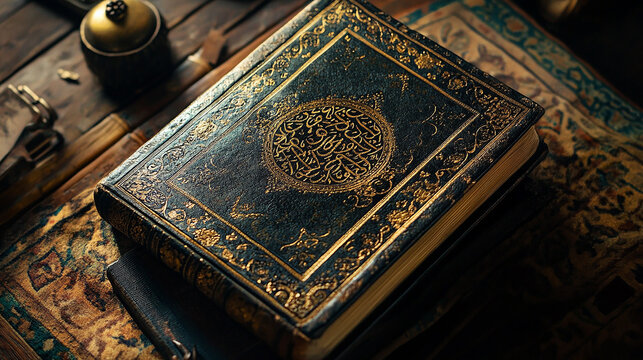 A closed, antique book with ornate gold lettering and design on its cover, resting on a rug.