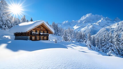 Bright winter landscape with sunlit snow-covered chalet and evergreen forest, creating a picturesque ski resort scene with rustic wooden architecture and winter wonderland.