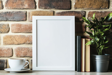  White picture frame on a desk, brick wall background, coffee cup and book nearby, close-up shot. Created with Ai