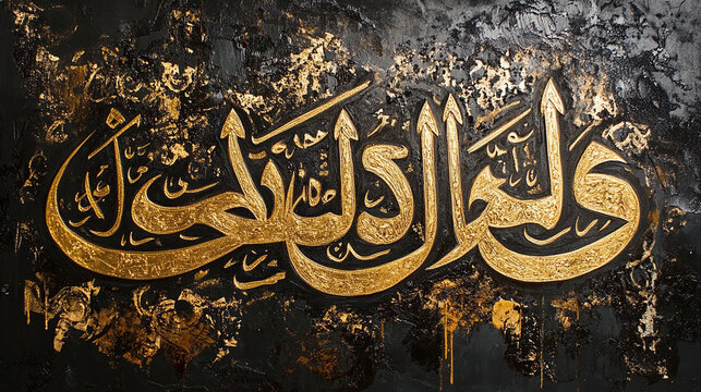 A close-up of a black background with  gold Arabic calligraphy with abstract paint splatter.