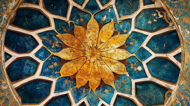 A close-up of a colorful, intricate mosaic ceiling with a floral design.
