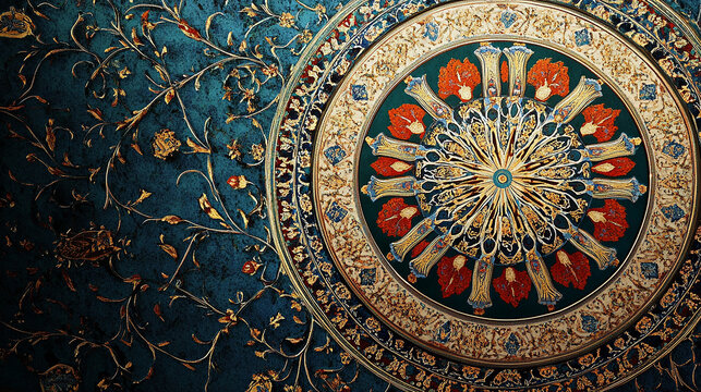 A close-up of a ornate, circular ceiling design with intricate patterns and floral motifs in gold, red, and blue.
