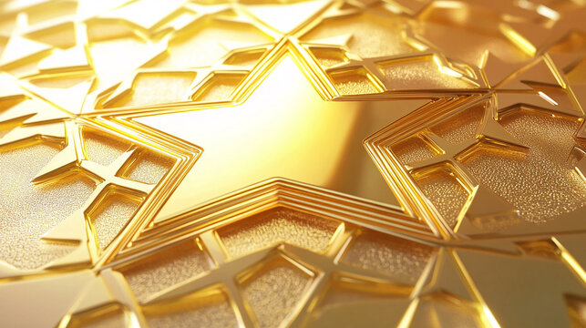 A close-up of a shiny gold star with a textured background of many smaller gold stars.