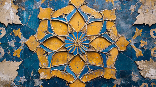 A close-up shot of an intricate blue and yellow mosaic tile pattern on a wall.