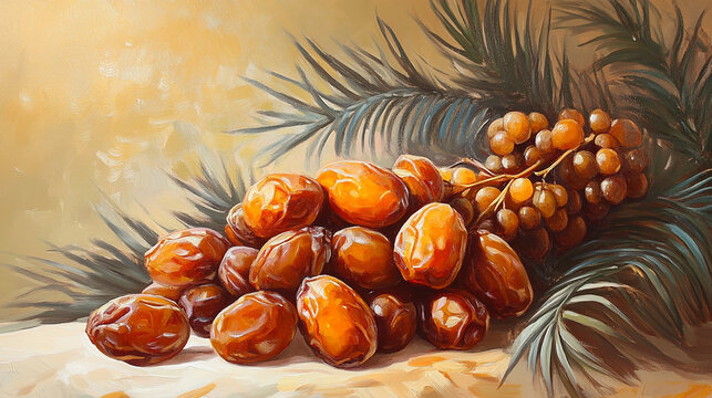 A cluster of dates and grapes, with a palm leaf.