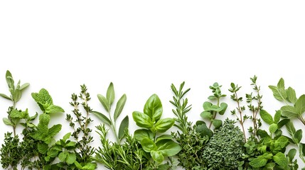 Obraz premium Diverse herbs and plants in a horizontal line, highlighting vibrant green foliage, various textures, and leaf shapes in a crisp, botanical illustration style on white background.