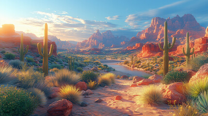 Desert landscape with towering cacti and red rocks