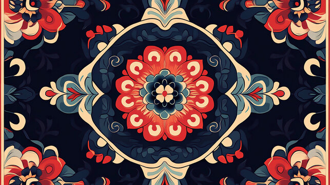 A colorful symmetrical pattern with a floral motif in the center on a dark background.