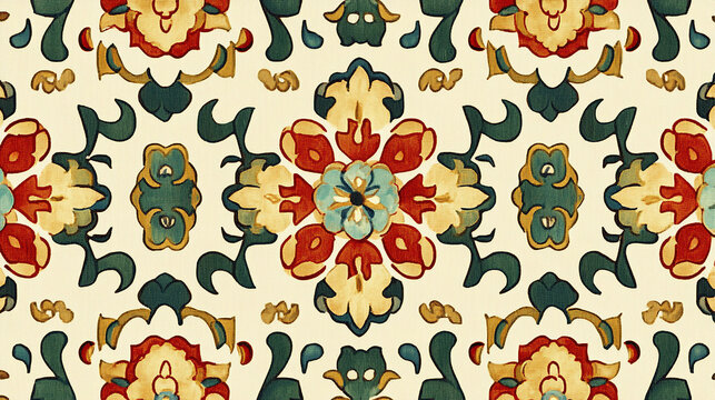 A colorful floral pattern with a symmetrical design in red, green, yellow, and blue on a white background.