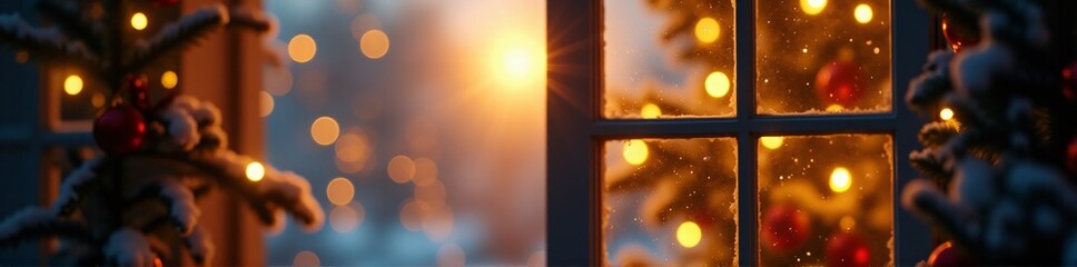 360 degree Christmas decoration on the window. Christmas background with bokeh with Copy space. Christmas and new year concept. HDRI spherical panorama.
