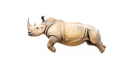 Fototapeta premium Cute rhinoceros floating in the sky against a white background, showcasing a whimsical and surreal depiction of wildlife in a dreamlike setting.