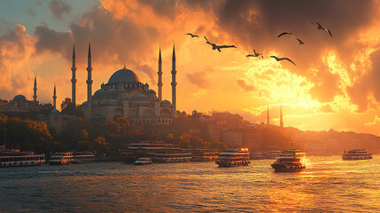 Obraz premium A dramatic sunset casts a golden glow over the iconic mosque in Istanbul, with birds flying overhead and boats in the foreground.