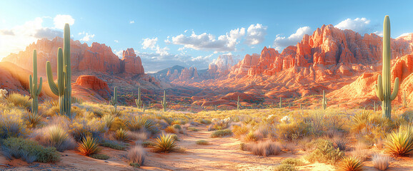 Desert landscape with towering cacti and red rocks
