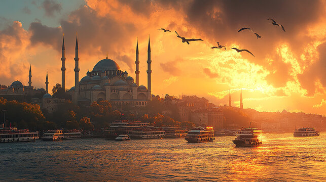 A dramatic sunset casts a golden glow over the iconic mosque in Istanbul, with birds flying overhead and boats in the foreground.