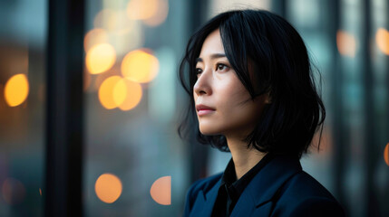 Obraz premium Determined Japanese businesswoman in her 30s gazes confidently in urban setting
